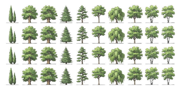 Set of different green forest trees and conifer plants in flat vector style for landscape design and map illustration