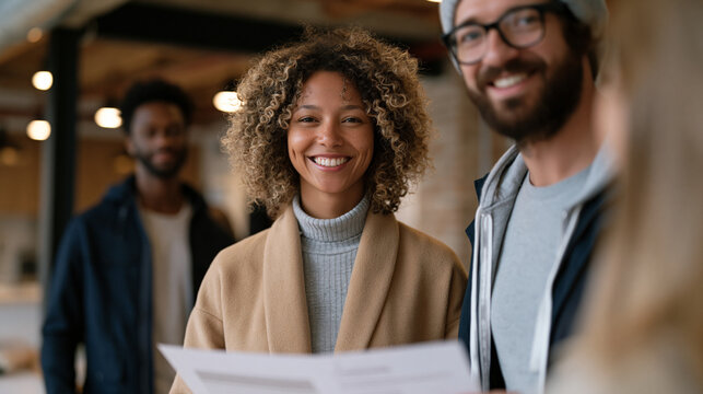 Young urban professionals touring co-living investment property, realtor presenting shared kitchen amenities, high ceilings and exposed brick in converted warehouse district,