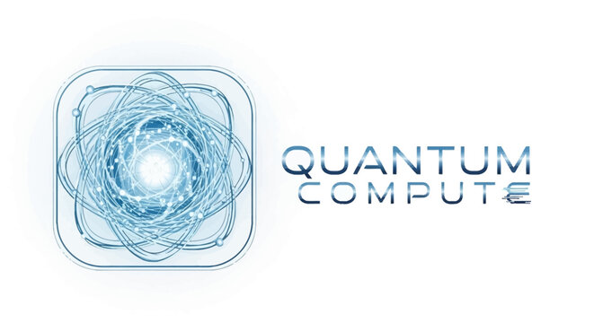 Quantum computing logo with atomic structure and text