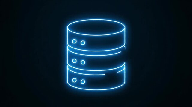 Blue Neon Database Icon on Black Background with Reflection.
