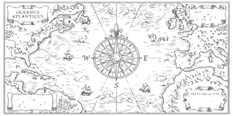 Vintage style hand drawn map of the Atlantic ocean with a large compass rose and old sailing ships for exploration © ZenVectors