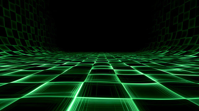 Surreal neon green hallway with warped checkerboard floor and glowing liminal horror frames