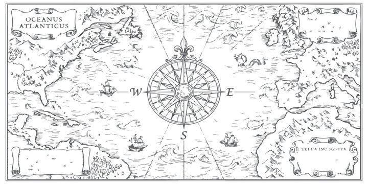 Vintage style hand drawn map of the Atlantic ocean with a large compass rose and old sailing ships for exploration