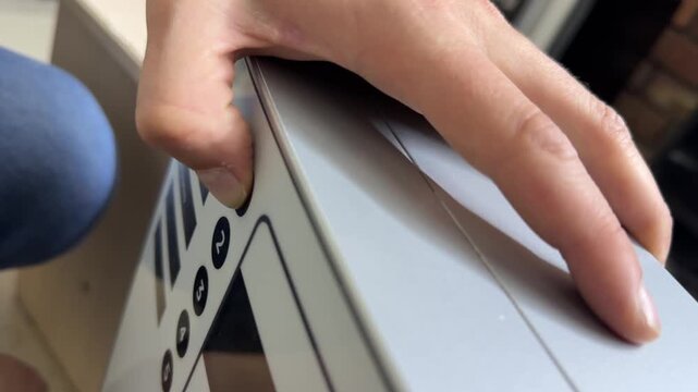 Finger pressing drink selection button on coffee machine with no response, vending machine malfunction concept, beverage service problem and equipment failure