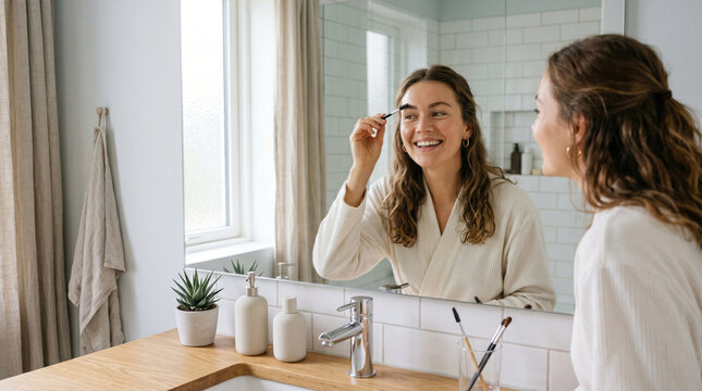 Smiling young woman grooming her eyebrows with a spoolie brush while looking in the mirror, daily beauty routine in a bright bathroom, minimalist self-care concept