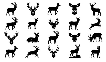 Fototapeta premium Deer and stag silhouette icon vector set with antlers isolated on white background