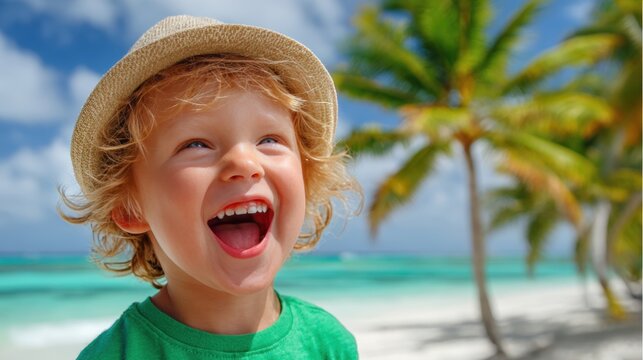 A 3-year-old British boy with golden short curly hair, wearing a beige fisherman's hat, a green T-shirt, and blue woven pants, is happily laughing on the beach with green sandals. He is photographed i