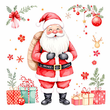 Charming Christmas illustration of a smiling Santa Claus surrounded by holiday gifts and snowflakes