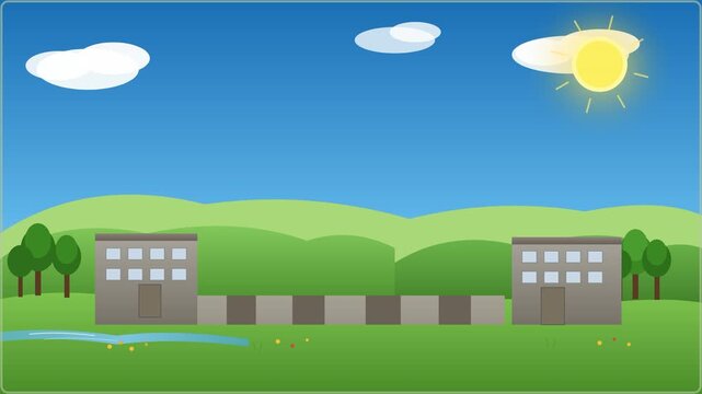 Cartoon industrial factory with multiple tall smokestacks and orange doors stands on green field under bright sunny blue sky with white clouds.