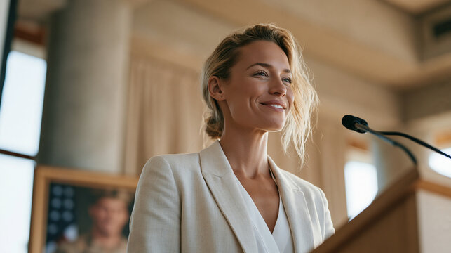 Military spouse in business attire accepts a job award at a corporate ceremony, her spouse visible in uniform via a framed photo on the podium, the moment capturing resilience,