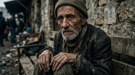 Fototapeta premium Starving elderly man portrait with detailed wrinkles skin texture emotional human condition concept