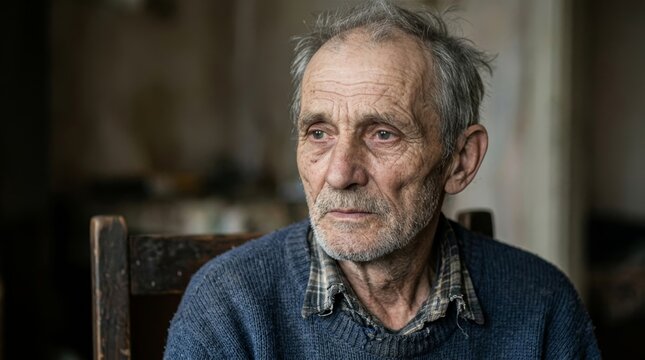 Starving elderly man portrait with detailed wrinkles skin texture emotional human condition concept