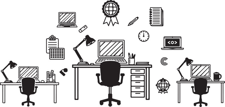 Desk setup with computers and office supplies, vector