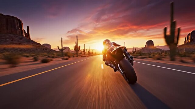 Motorcyclist speeding down a desert highway at sunset with dramatic sky, mesa formations and cacti, sense of freedom and adventure