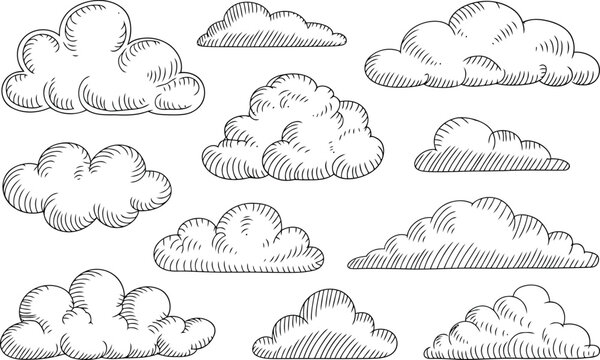 Vintage etched clouds hand drawn sketches set