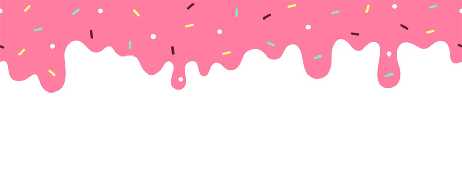 Cute pink dripping icing border with colorful sprinkles and sweet dessert decoration isolated on soft pastel background