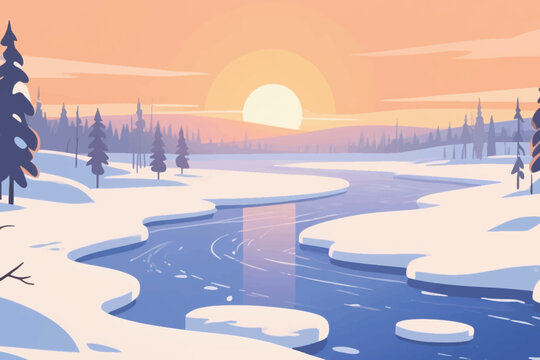 Winter river landscape with snowy banks, evergreen trees, and warm sunset glow.