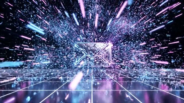 Vibrant digital light trails in futuristic virtual reality environment with neon colors.