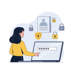 Naklejka premium Vector illustration of a woman securing her personal online account on a laptop showing a password field, with floating padlock icons, a user profile card, and a protective shield icon.
