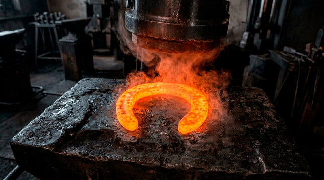 A glowing hot horseshoe on an anvil during the forging process in a blacksmith workshop. Close-up of metalworking with a press creating steam and heat. Traditional craft and industry concept