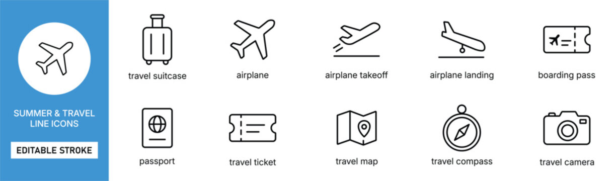 travel and aviation icon line style tourism vacation transport editable stroke vector set