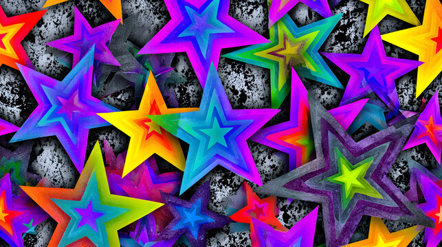 Vibrant rainbow star pattern with colorful geometric stars on bold abstract pop art backdrop