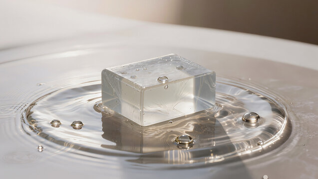Transparent Ice Cube Melting in Clear Water with Ripples and Droplets