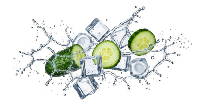Fresh cucumber slices and ice cubes with water splash isolated on transparent background