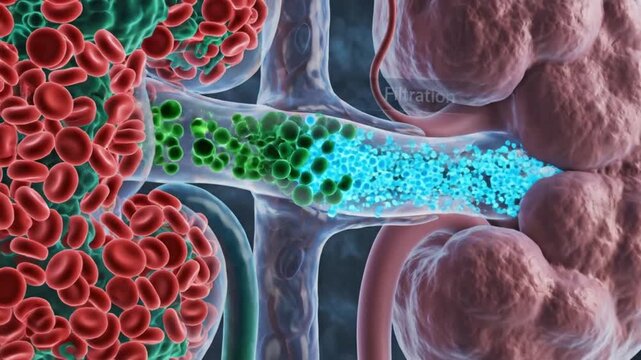 Scientific 3D medical animation of the filtration barrier in the glomerulus, showing red blood cells and smaller molecules like water and ions being separated within the kidney anatomy.