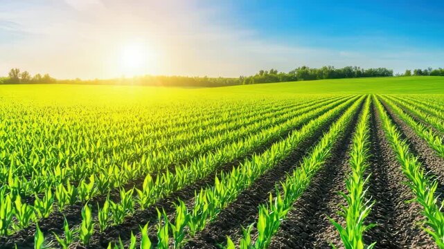 Vast green cornfield rows under bright sun and blue sky, agricultural growth
