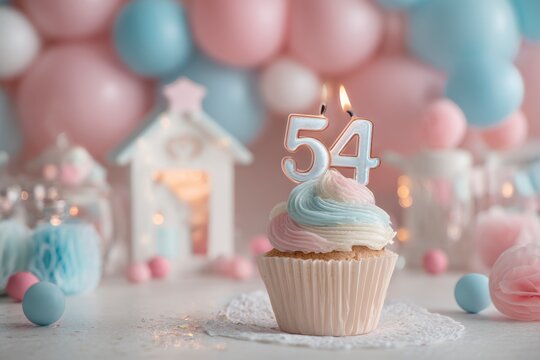 Colorful Birthday Cupcake with Number 54 Candle and Party Decorations
