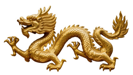 Obraz premium Isolated traditional golden Chinese dragon sculpture, mythical creature of power and good fortune.