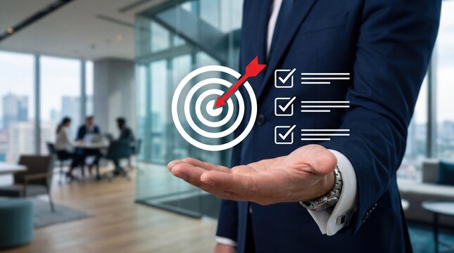 Businessman hand presenting target with arrow hitting bullseye and checklist graphic, representing goal achievement, success strategy and project completion in corporate office