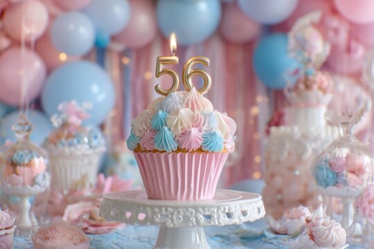 Festive Birthday Cake for 56th Celebration with Candles and Colorful Decorations