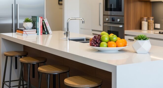Modern kitchen island with stools and fruit bowl.