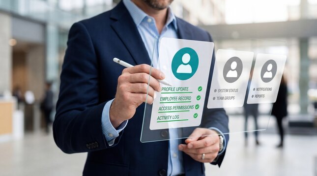 Business executive interacting with futuristic holographic interface displaying employee profile updates, access permissions and activity logs in corporate lobby