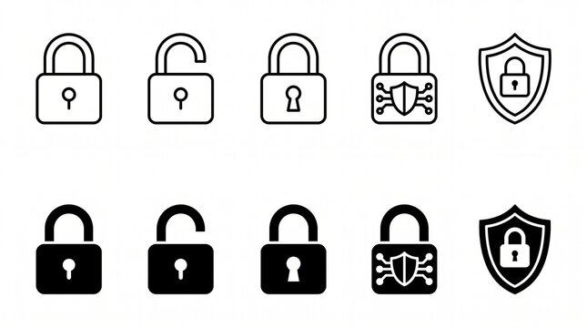 Cybersecurity padlock outline vector icons collection