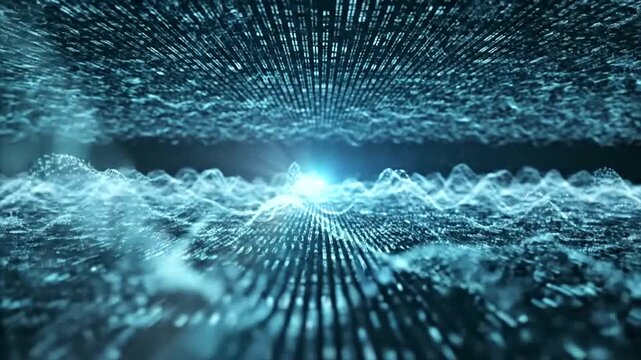 Futuristic digital tunnel with glowing blue light.