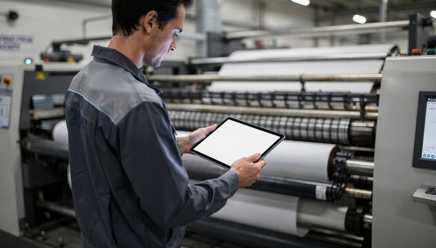 Technician inspecting a sensorized printing press focusing on paper tension data on a tablet with the press machinery softly out of focus.