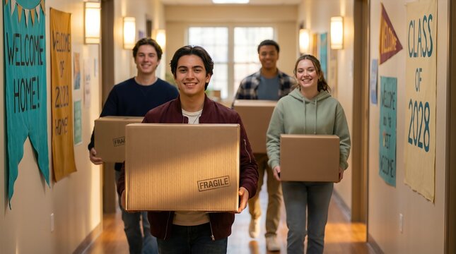 Group of four diverse college students carrying cardboard boxes down a brightly lit dormitory hallway with colorful banners celebrating new arrivals and school spirit