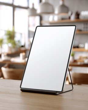 Blank tablet on stand in modern kitchen workspace with clean background