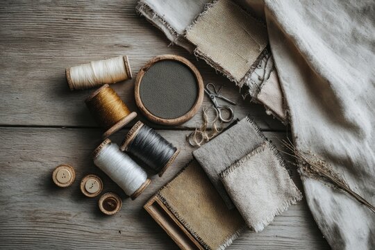 Visible Mending Sewing Kit with Fabric Patches and Threads on Wooden Table