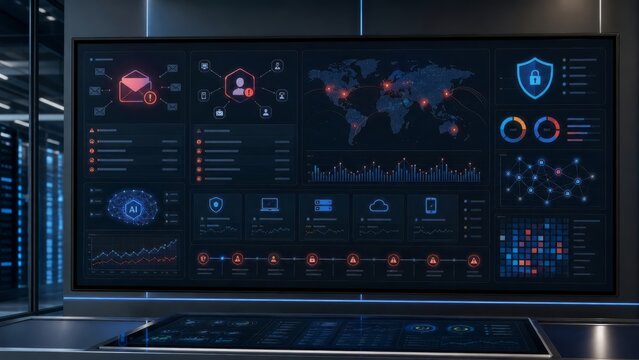 Cybersecurity operations dashboard with threat alerts, global attack map, AI monitoring and security analytics displayed on large screen in dark control room