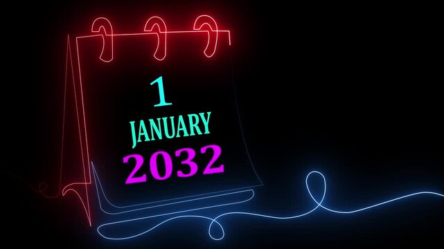 Glowing futuristic calendar design featuring 1 January 2032 with neon lighting and colorful modern typography background