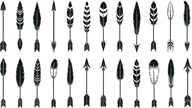 Large Collection of Tribal Ethnic Arrow Silhouettes with Decorative Feathers Vector