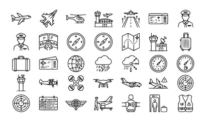 Aviation and flight icon set, pilot, airplane, radar, airport navigation, and air travel symbols in line style. © Crafts Home