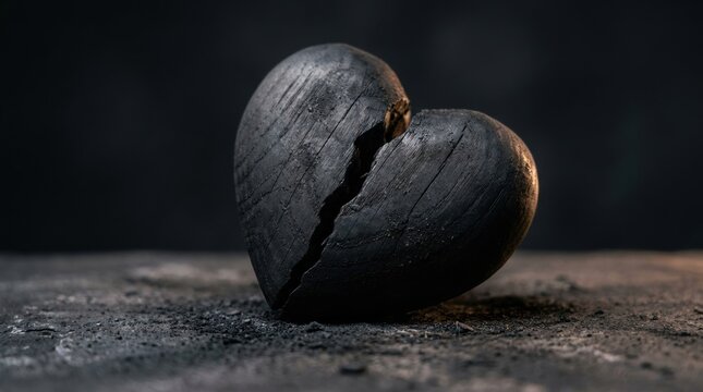 broken heart image as black burned wooden heart with deep central crack on dusty dark surface, dramatic charcoal texture for betrayal, lost affection, sorrow, grief and wounded romance concept