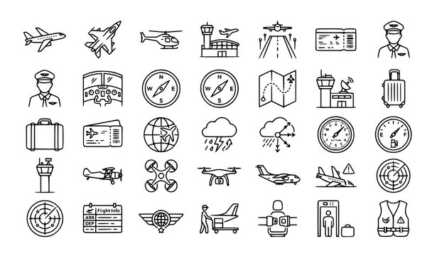 Aviation and flight icon set, pilot, airplane, radar, airport navigation, and air travel symbols in line style.