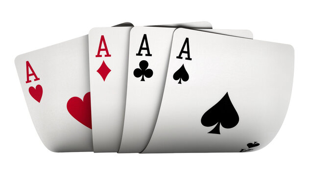 Isolated fanned out four aces of hearts, diamonds, clubs, spades for casino card games