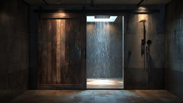 An open industrial-style bathroom features a sliding distressed wooden door revealing a modern
